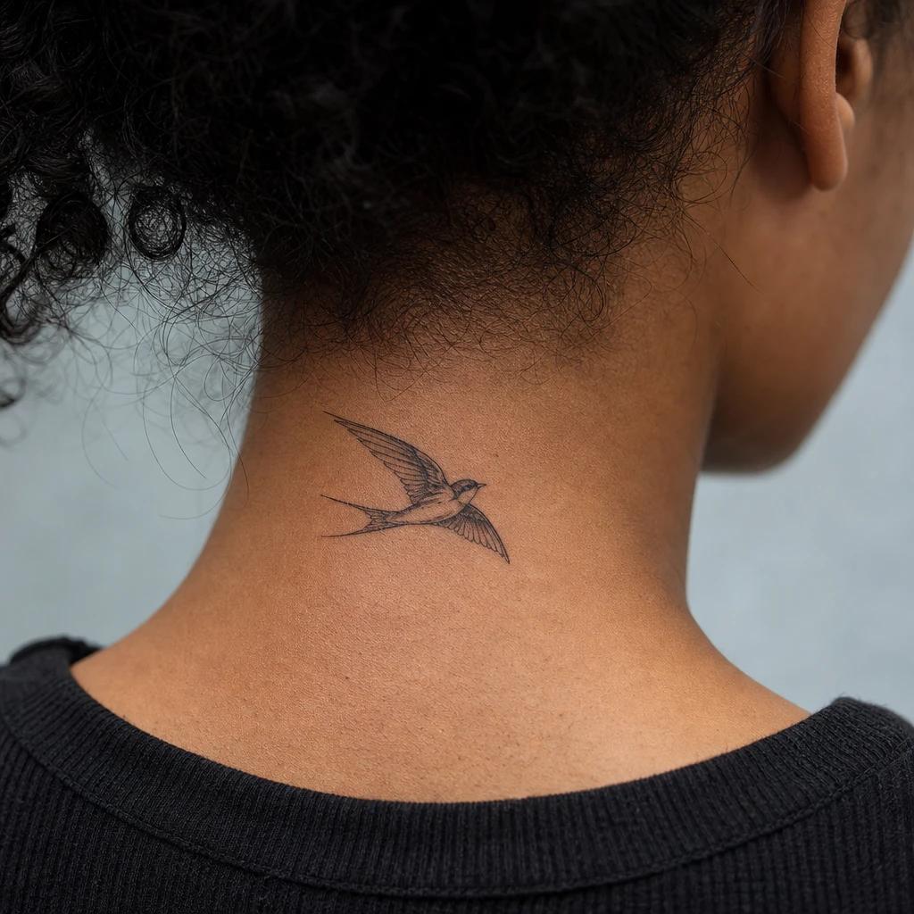 idée tatouage cou femme hirondelle délicate, photo réaliste sur peau