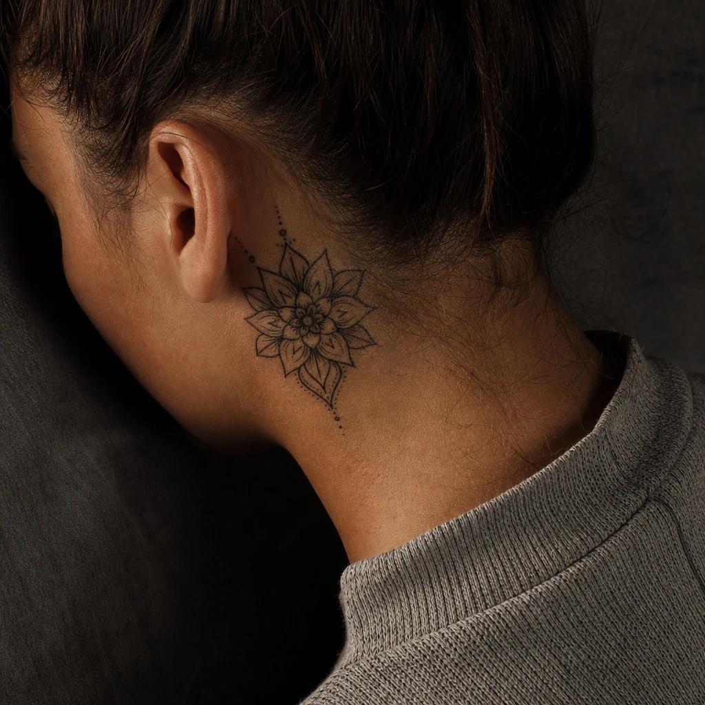 idée tatouage cou femme mandala de nuque, photo réaliste sur peau