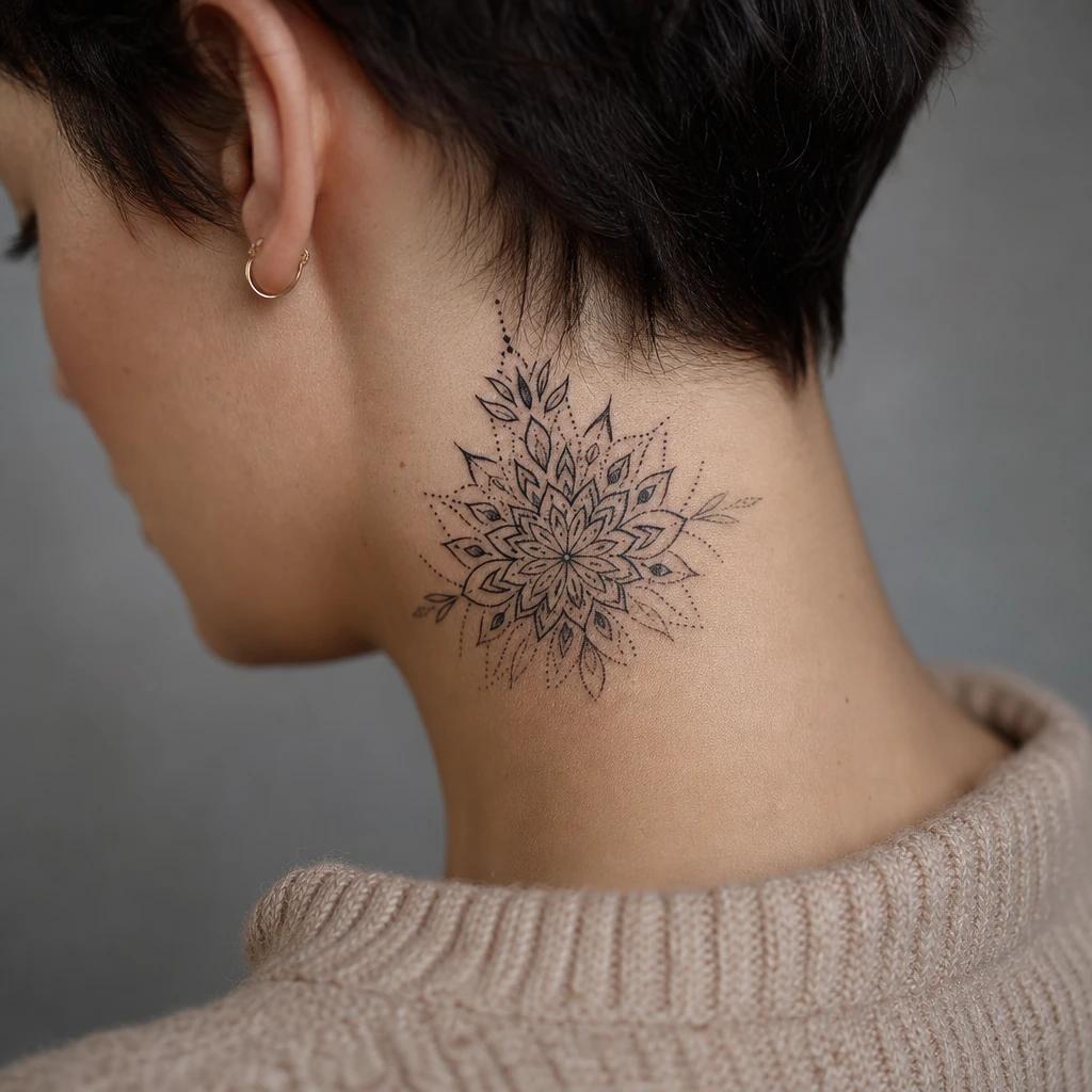idée tatouage cou femme mandala de nuque, photo réaliste sur peau