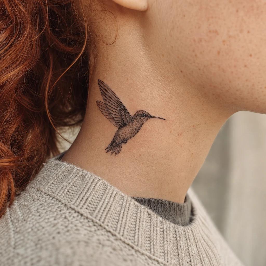 idée tatouage cou femme colibri premium, photo réaliste sur peau