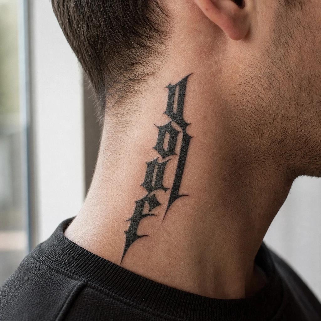 idée tatouage cou homme lettrage gothique côté cou, photo réaliste sur peau