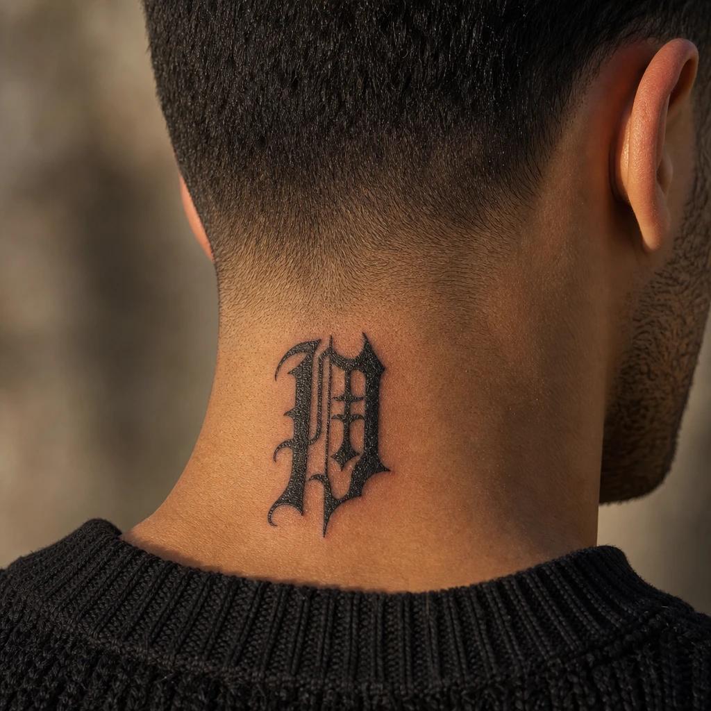 idée tatouage cou homme lettrage gothique côté cou, photo réaliste sur peau