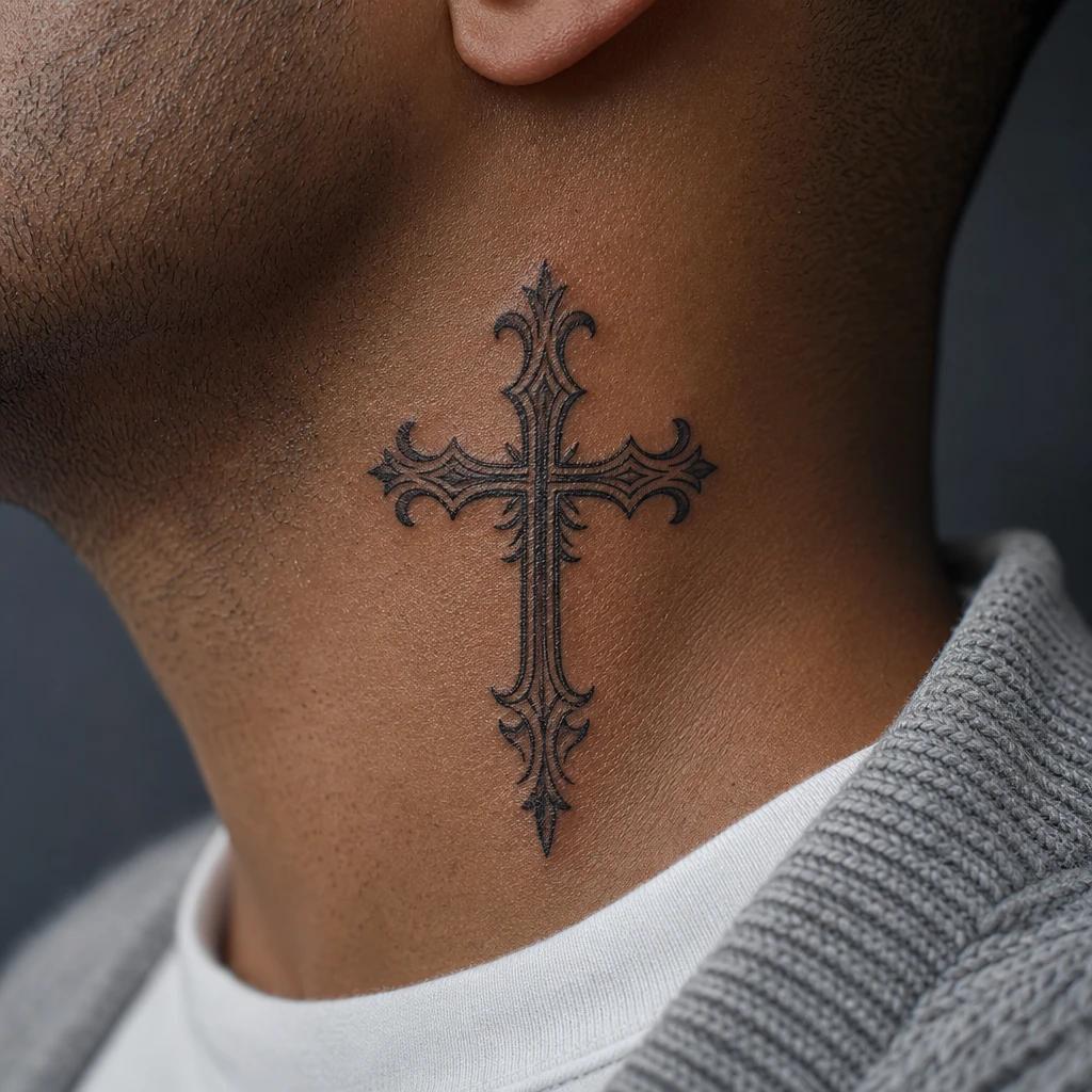 idée tatouage cou homme croix religieuse gorge, photo réaliste sur peau
