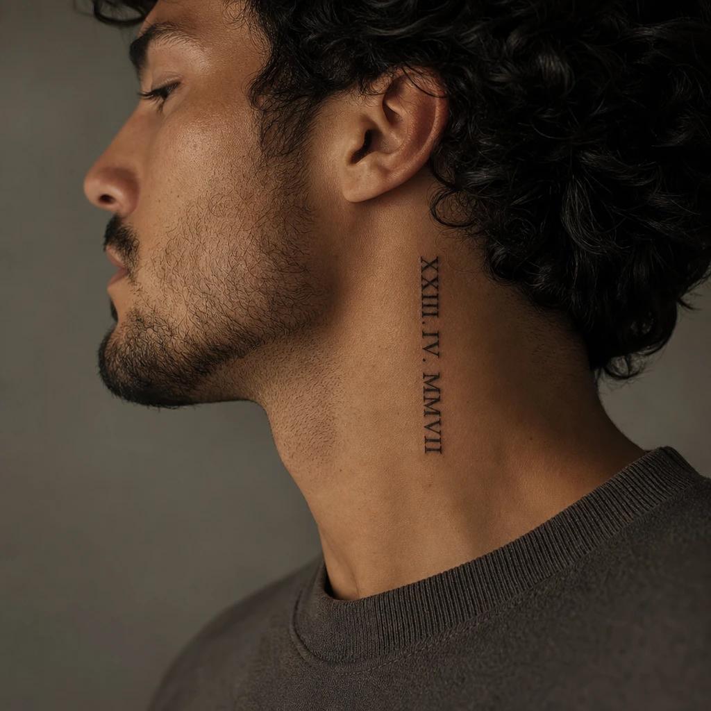 idée tatouage cou homme chiffres romains nuque, photo réaliste sur peau