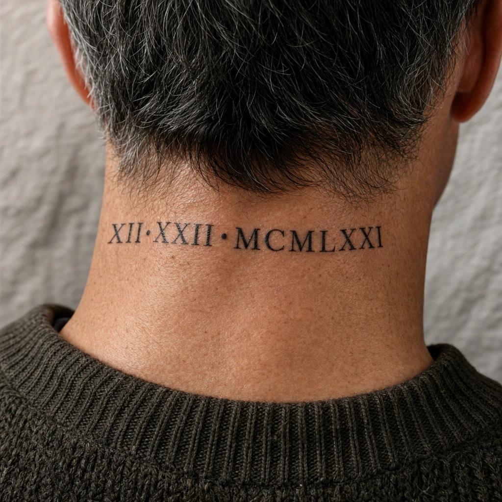 idée tatouage cou homme chiffres romains nuque, photo réaliste sur peau