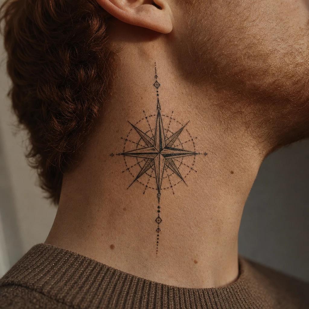 idée tatouage cou homme étoile boussole géométrique, photo réaliste sur peau