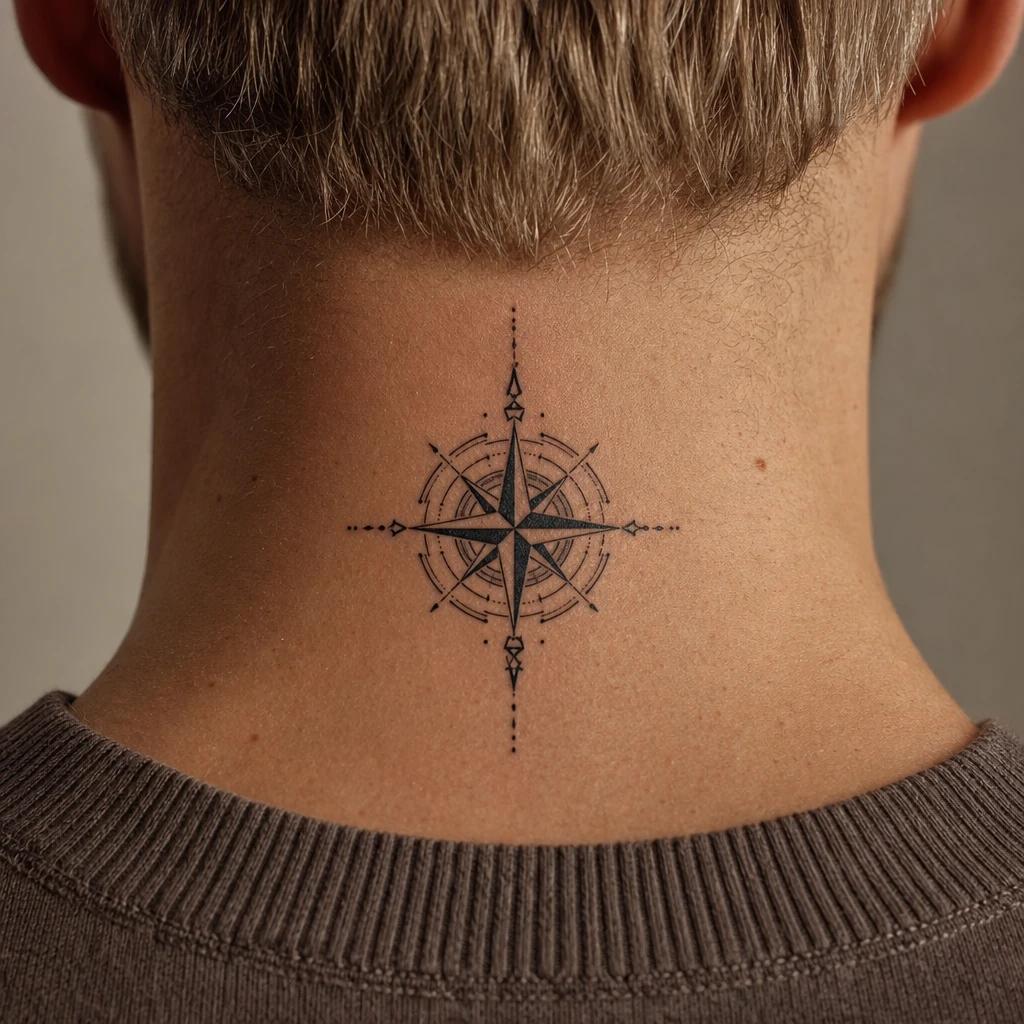 idée tatouage cou homme étoile boussole géométrique, photo réaliste sur peau