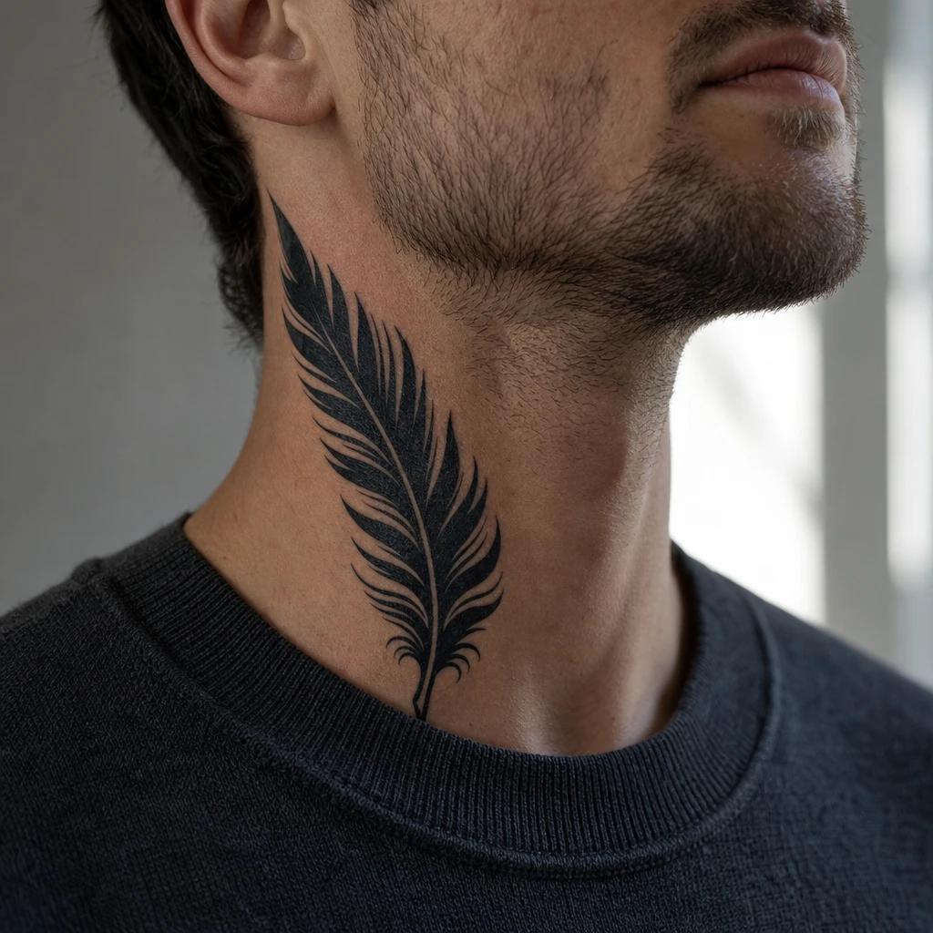 idée tatouage cou homme plume blackwork, photo réaliste sur peau