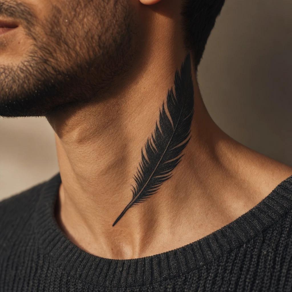 idée tatouage cou homme plume blackwork, photo réaliste sur peau