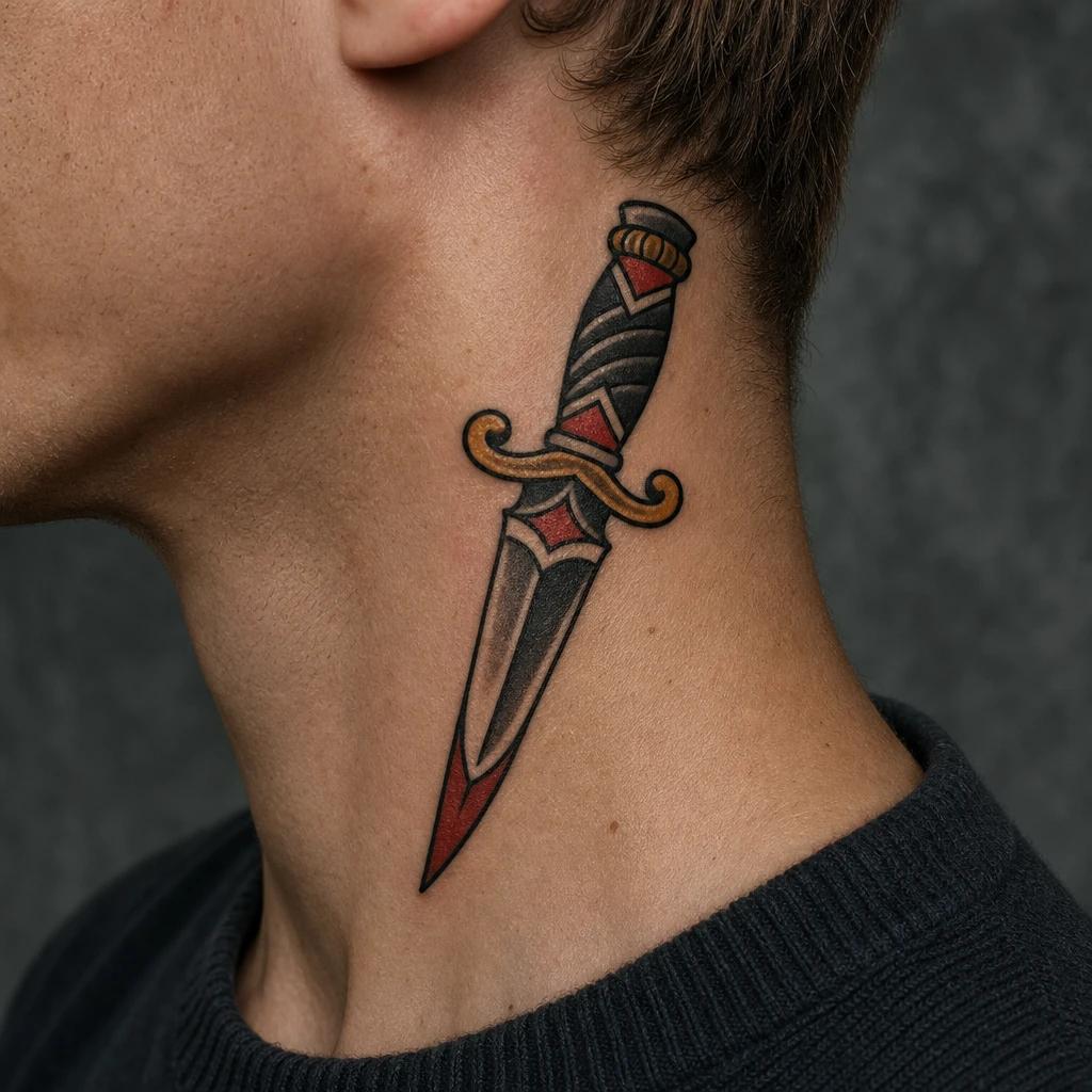 idée tatouage cou homme dague old school, photo réaliste sur peau