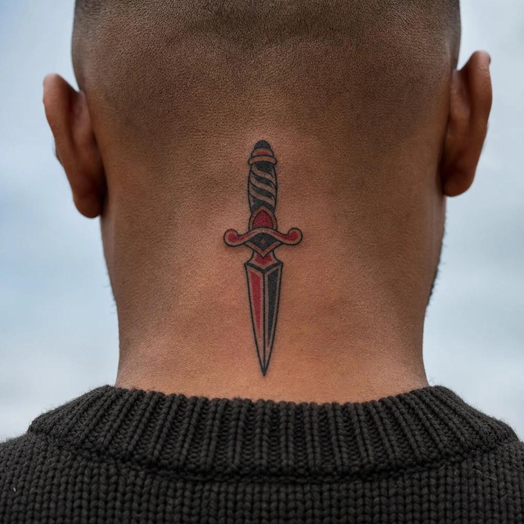 idée tatouage cou homme dague old school, photo réaliste sur peau