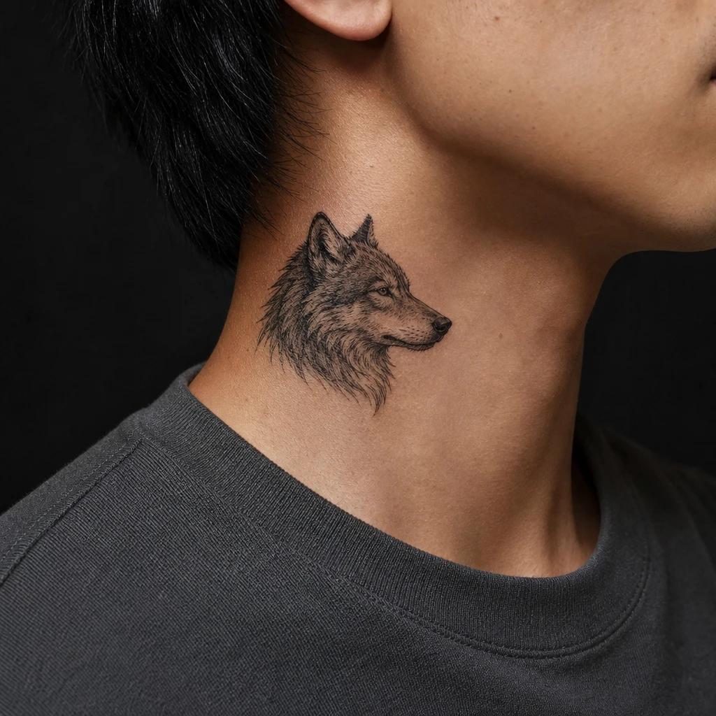idée tatouage cou homme tête de loup miniature, photo réaliste sur peau