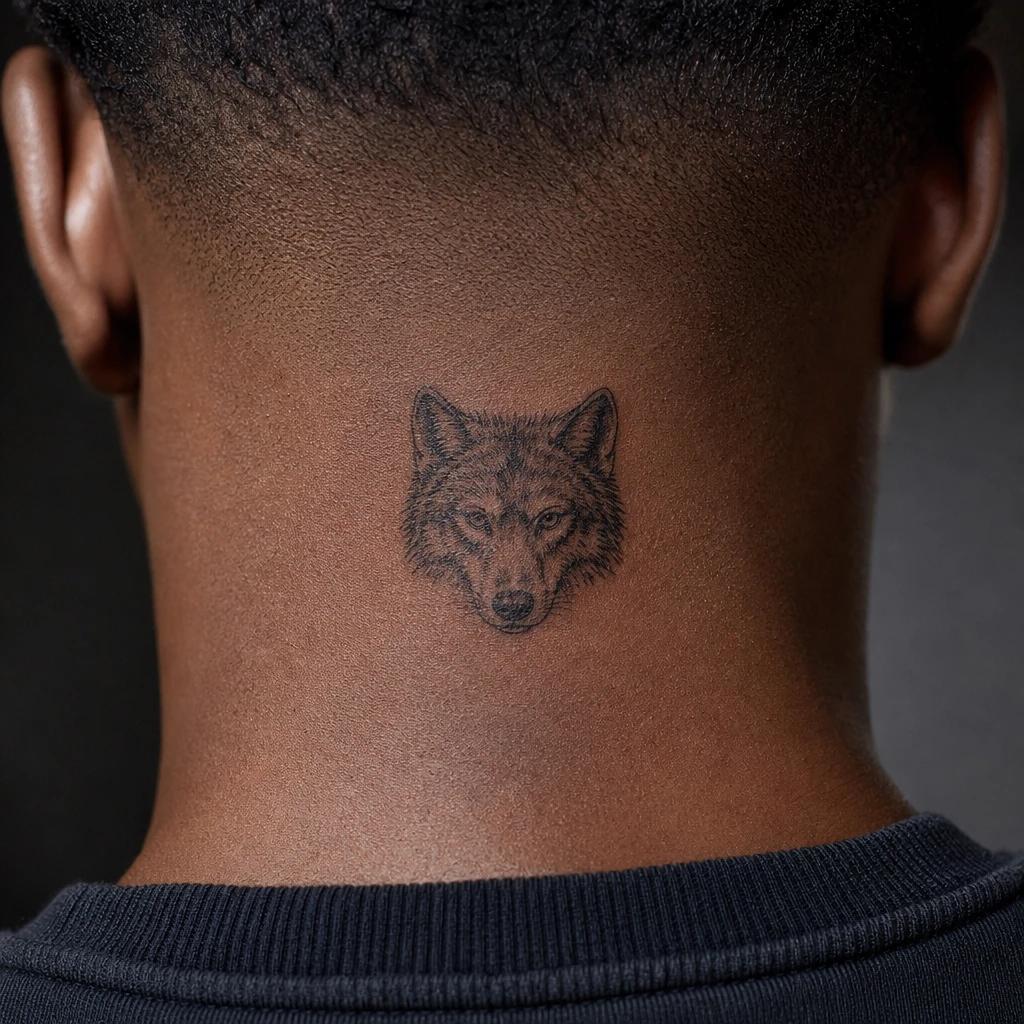idée tatouage cou homme tête de loup miniature, photo réaliste sur peau