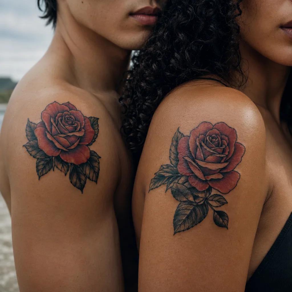 idée tatouage couple neo-traditional roses, photo réaliste sur peau