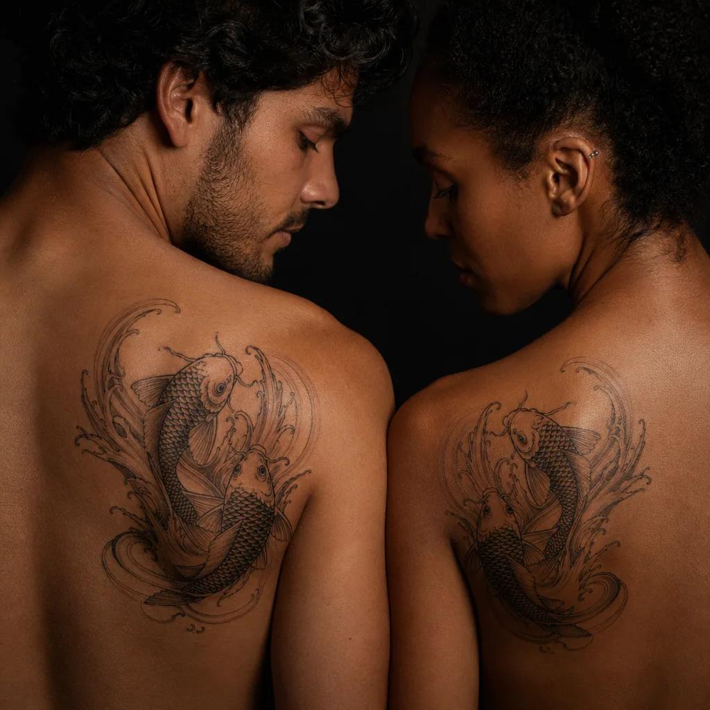 idée tatouage couple koi carp as a pair, photo réaliste sur peau