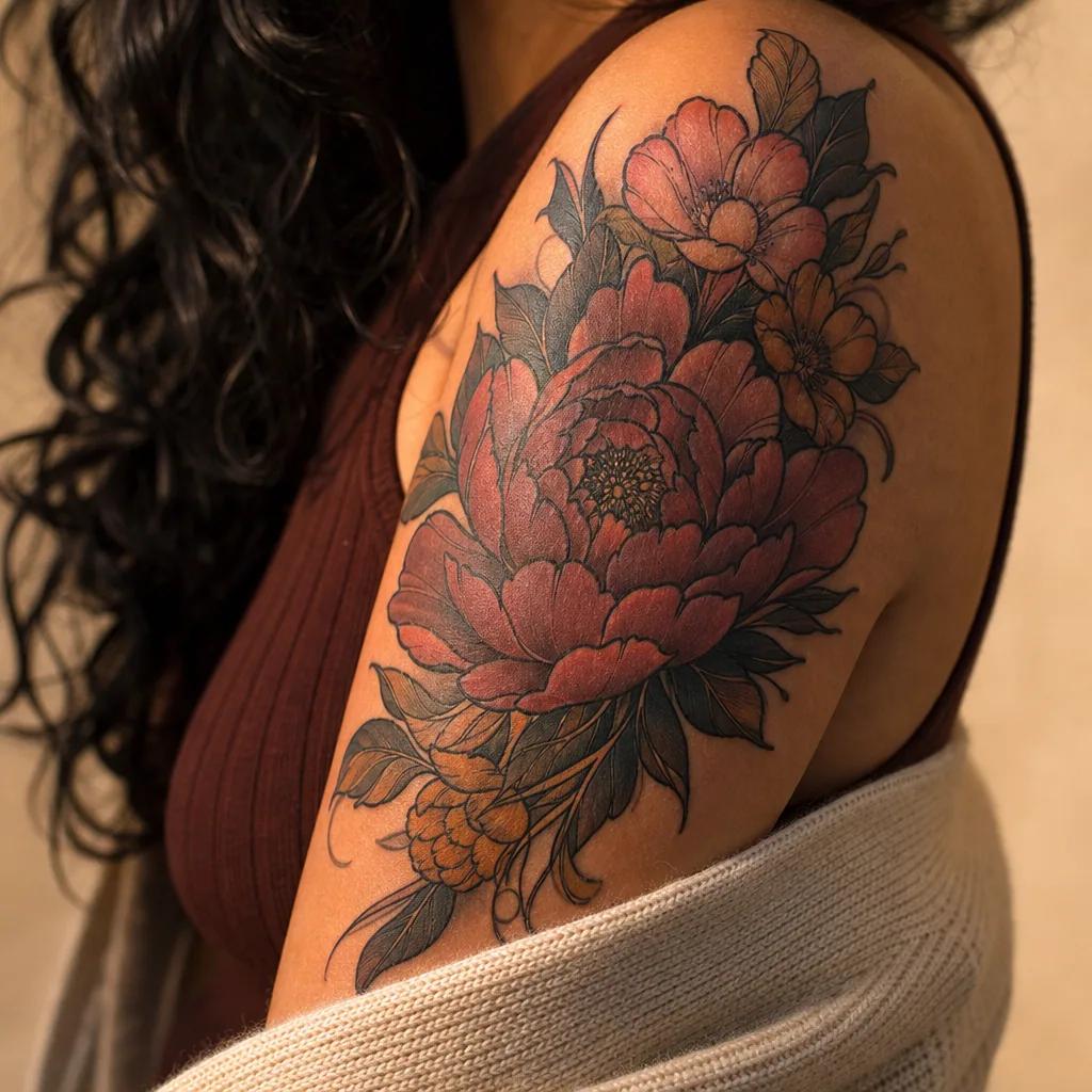 idée tatouage cover cover néo-traditionnel floral, photo réaliste sur peau
