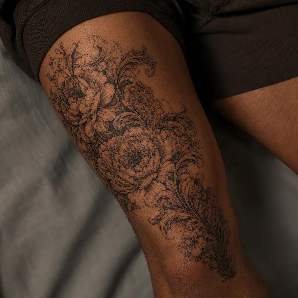 idée tatouage cover bouquet baroque enveloppant, photo réaliste sur peau