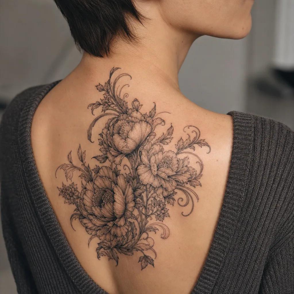idée tatouage cover bouquet baroque enveloppant, photo réaliste sur peau