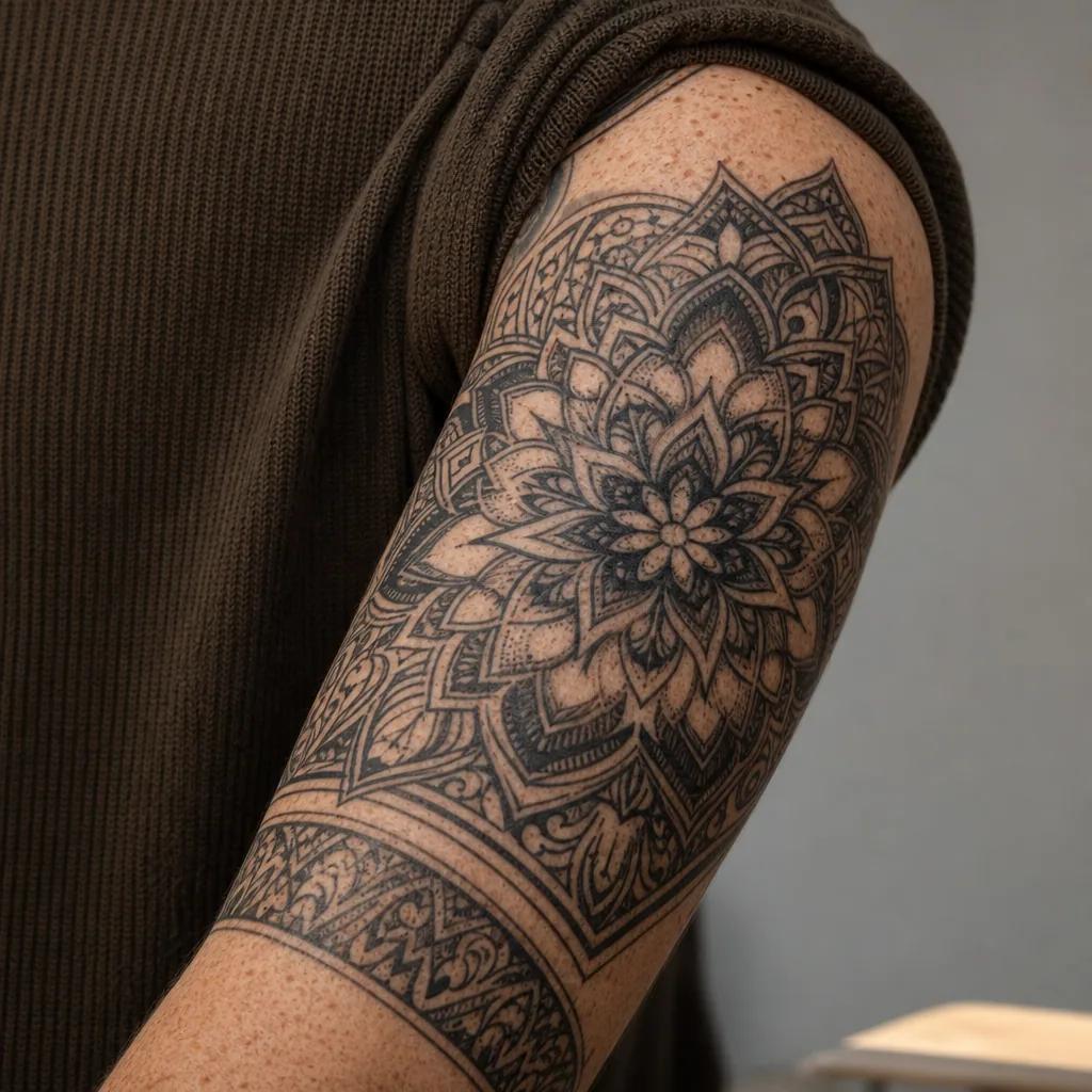 idée tatouage cover mandala ornemental couvrant, photo réaliste sur peau