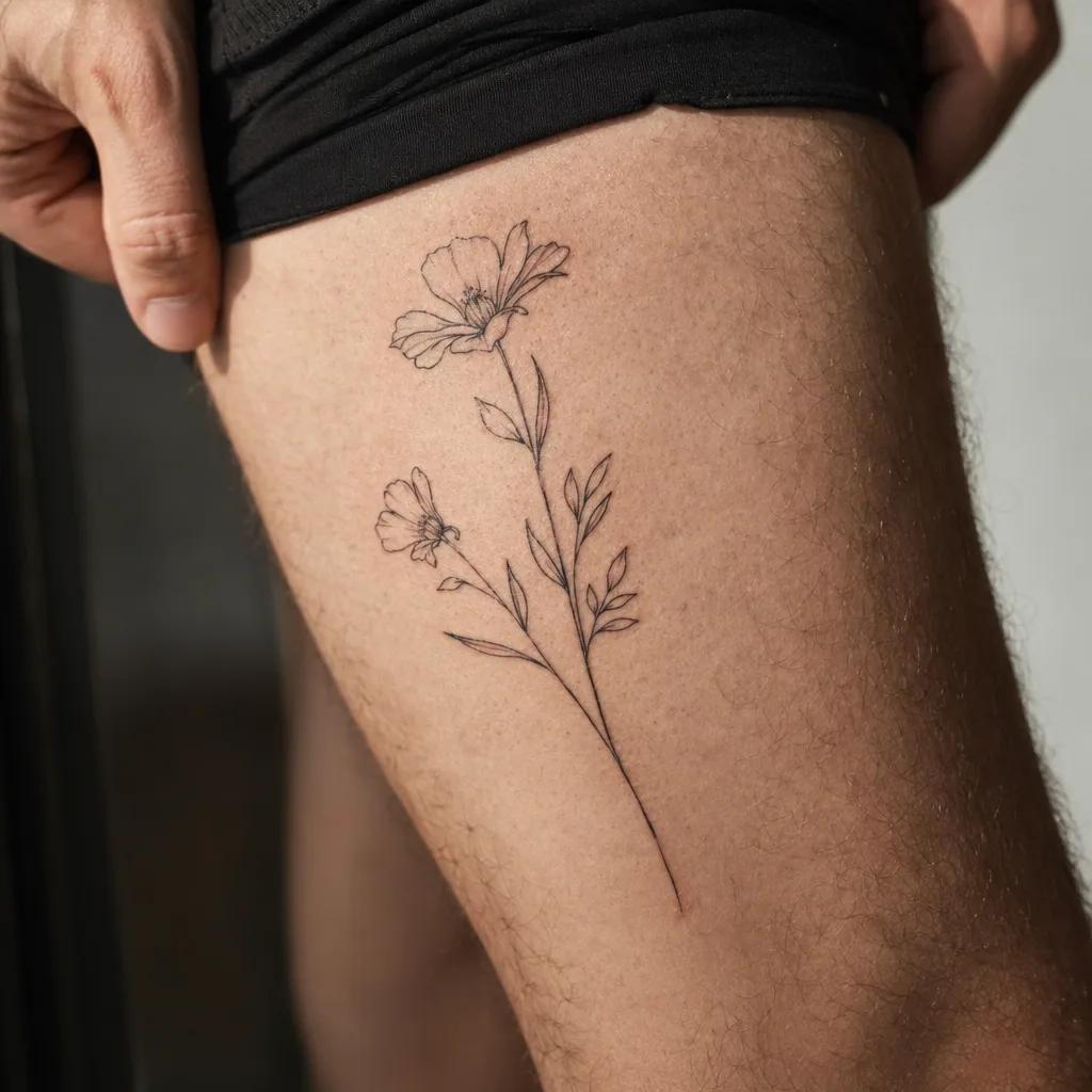idée tatouage cuisse composition florale minimaliste, photo réaliste sur peau