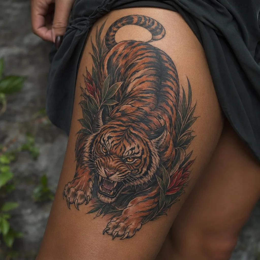 idée tatouage cuisse tigre néo-traditionnel, photo réaliste sur peau