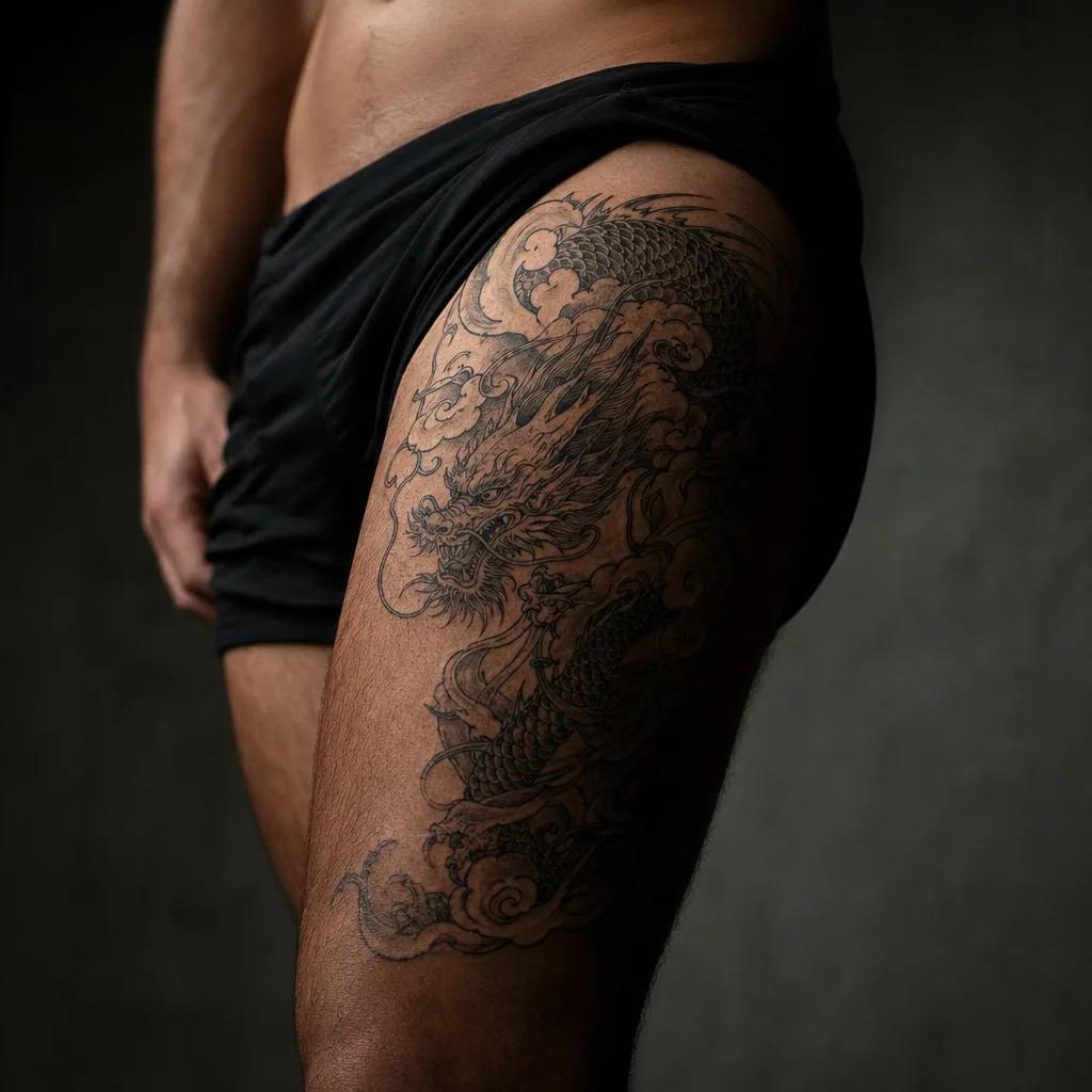 idée tatouage cuisse dragon japonais, photo réaliste sur peau