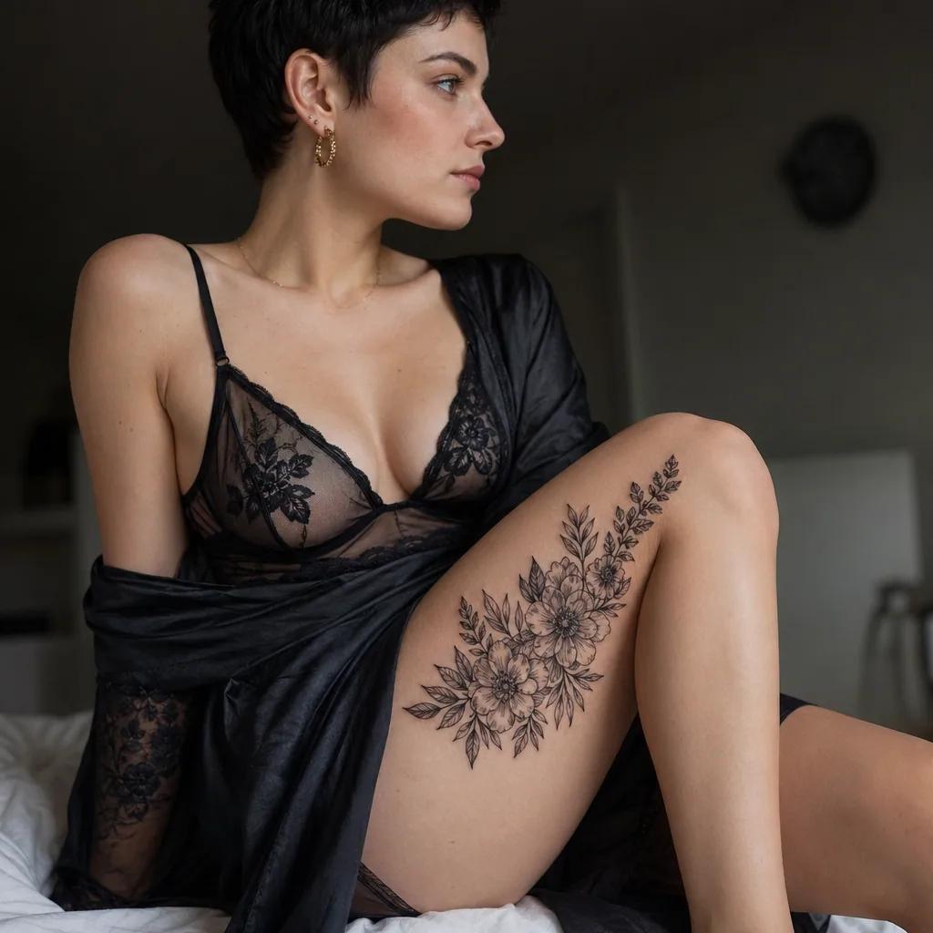 idée tatouage cuisse bouquet floral détaillé, photo réaliste sur peau