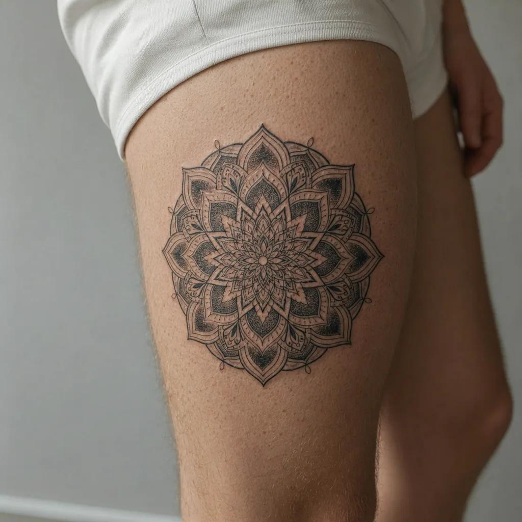 idée tatouage cuisse mandala ornemental, photo réaliste sur peau