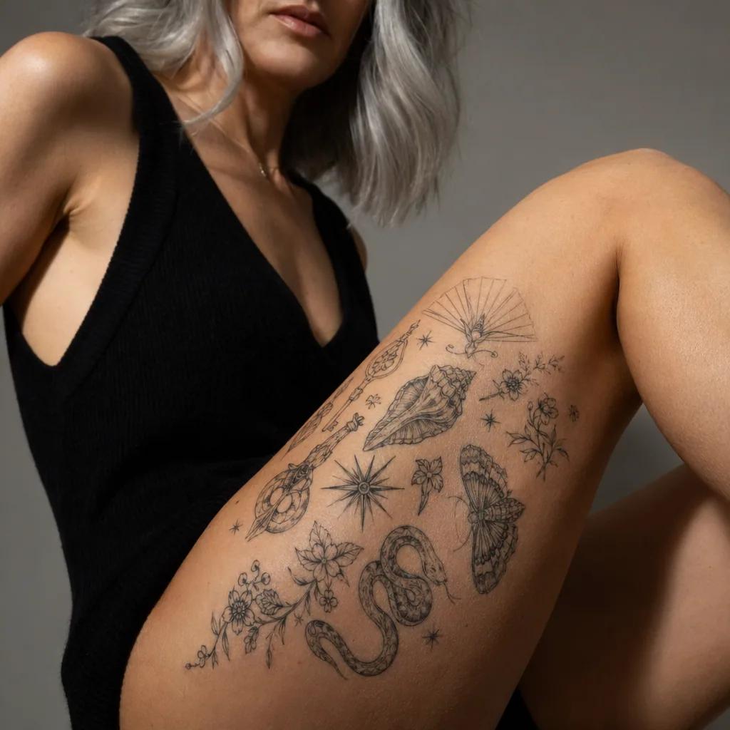 idée tatouage cuisse patchwork flash sheet, photo réaliste sur peau