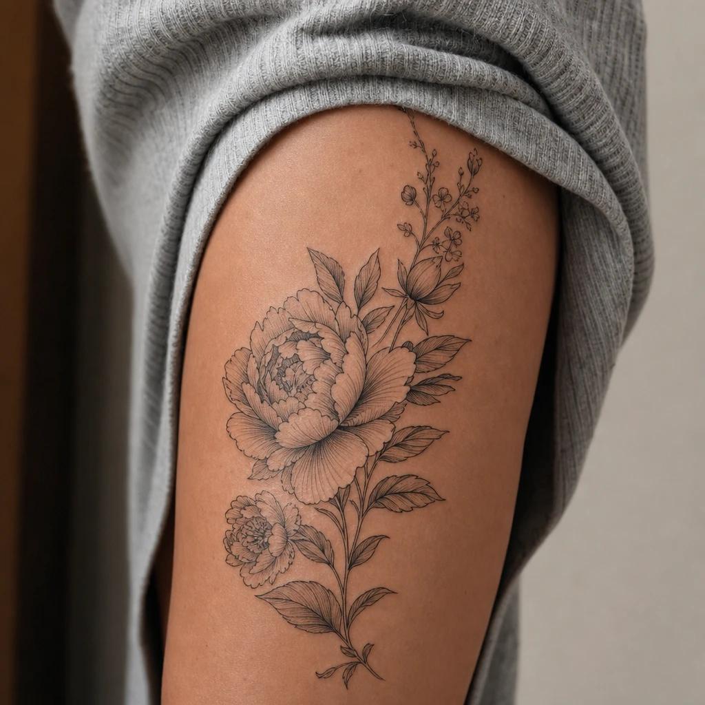 idée tatouage cuisse femme grande pièce florale, photo réaliste sur peau