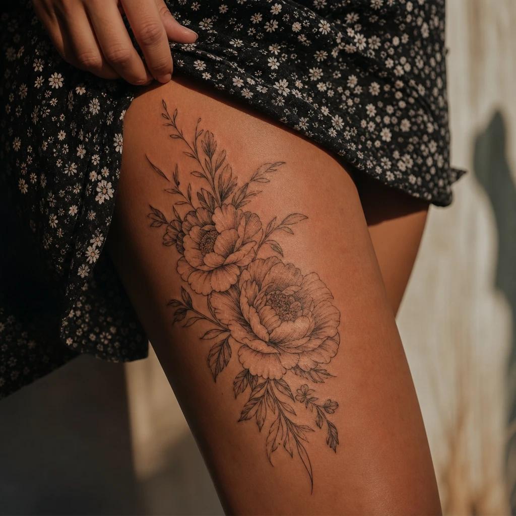 idée tatouage cuisse femme grande pièce florale, photo réaliste sur peau