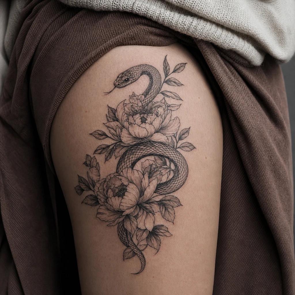 idée tatouage cuisse femme serpent et fleurs, photo réaliste sur peau