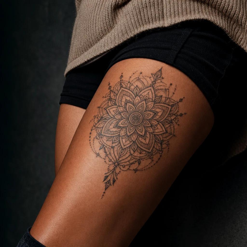 idée tatouage cuisse femme mandala de cuisse, photo réaliste sur peau