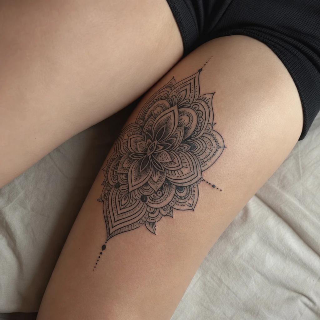 idée tatouage cuisse femme mandala de cuisse, photo réaliste sur peau