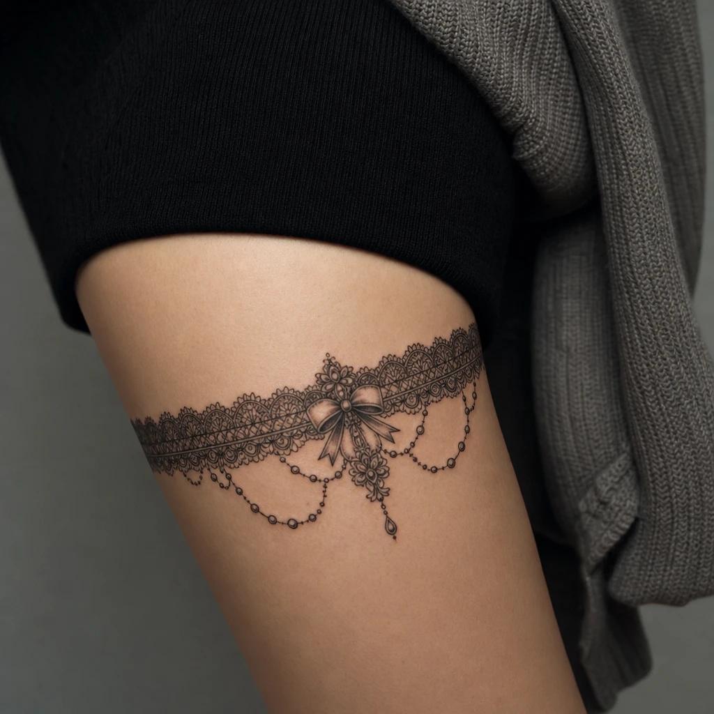 idée tatouage cuisse femme jarretière ornementale, photo réaliste sur peau