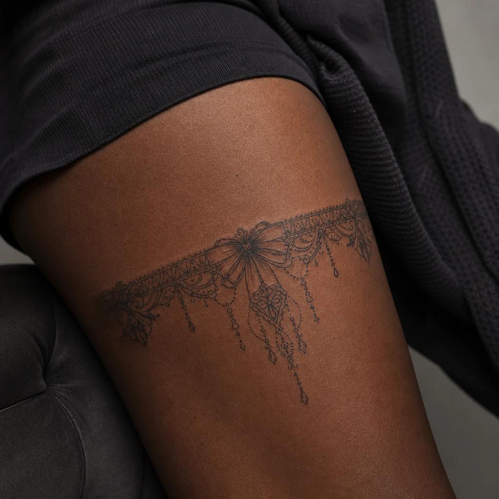 idée tatouage cuisse femme jarretière ornementale, photo réaliste sur peau