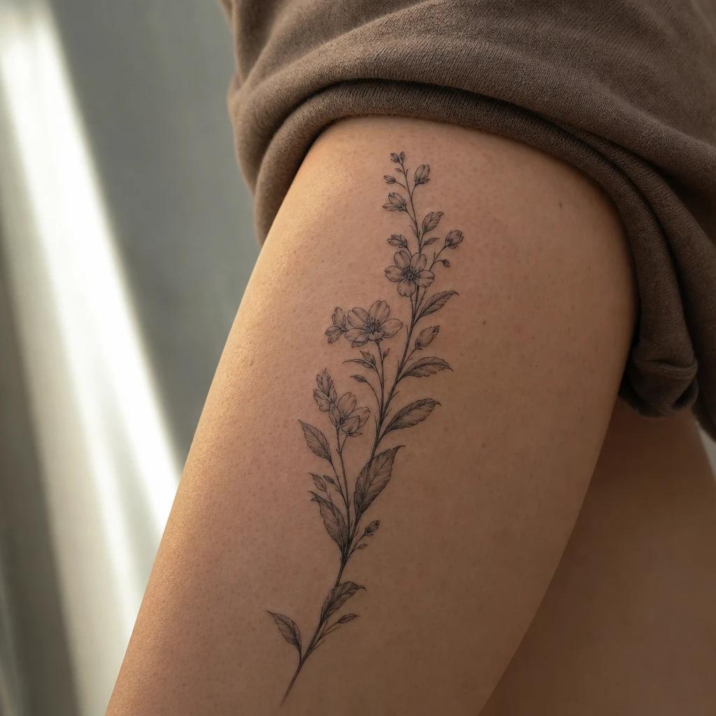 idée tatouage cuisse femme branche fleurie verticale, photo réaliste sur peau