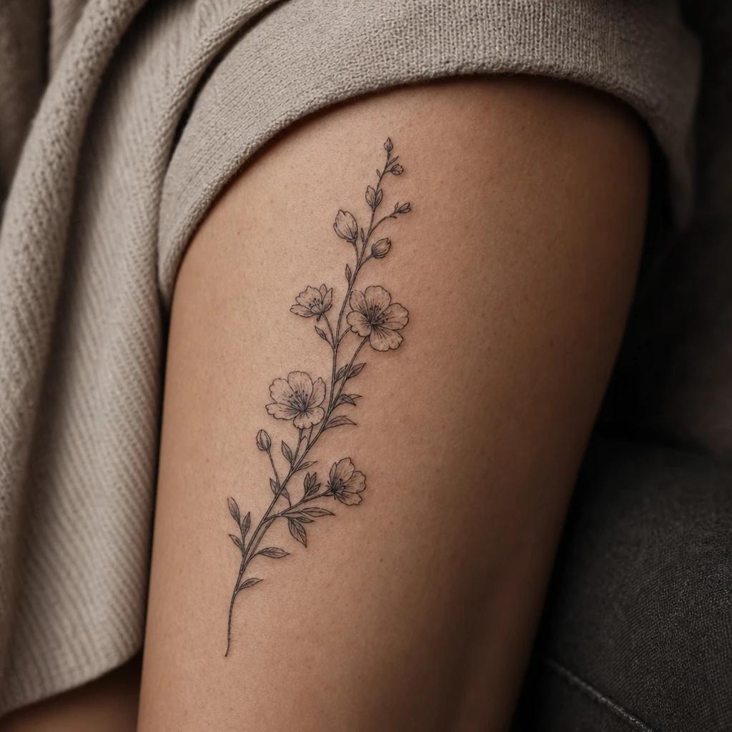 idée tatouage cuisse femme branche fleurie verticale, photo réaliste sur peau
