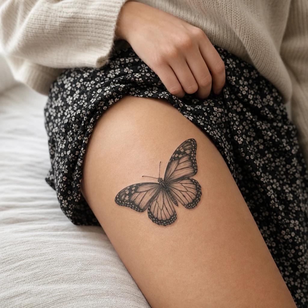 idée tatouage cuisse femme papillon réaliste, photo réaliste sur peau
