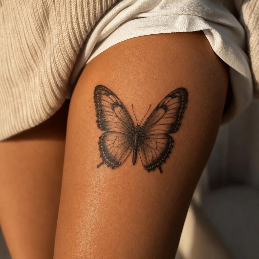 idée tatouage cuisse femme papillon réaliste, photo réaliste sur peau