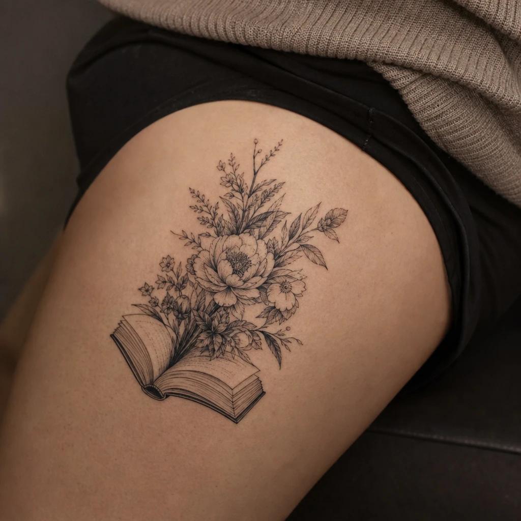 idée tatouage cuisse femme citation et fleurs, photo réaliste sur peau
