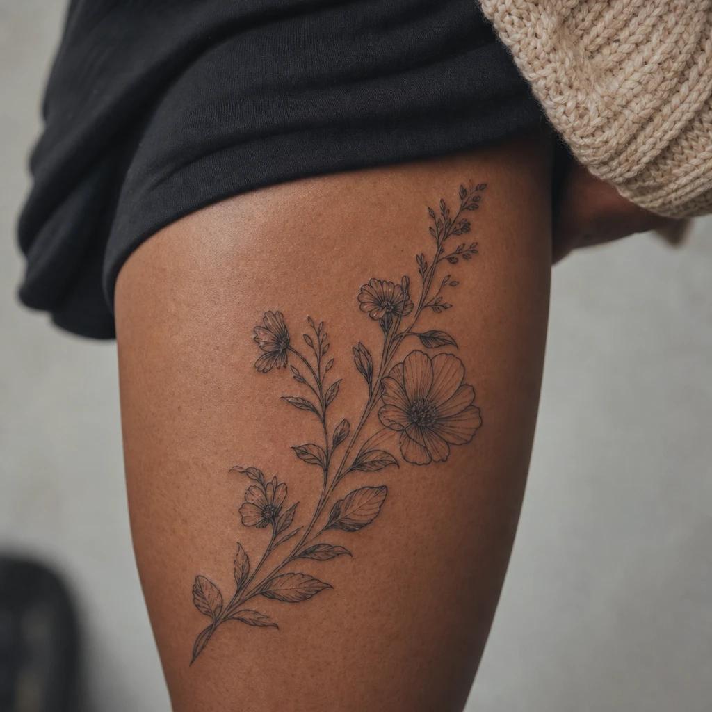 idée tatouage cuisse femme citation et fleurs, photo réaliste sur peau