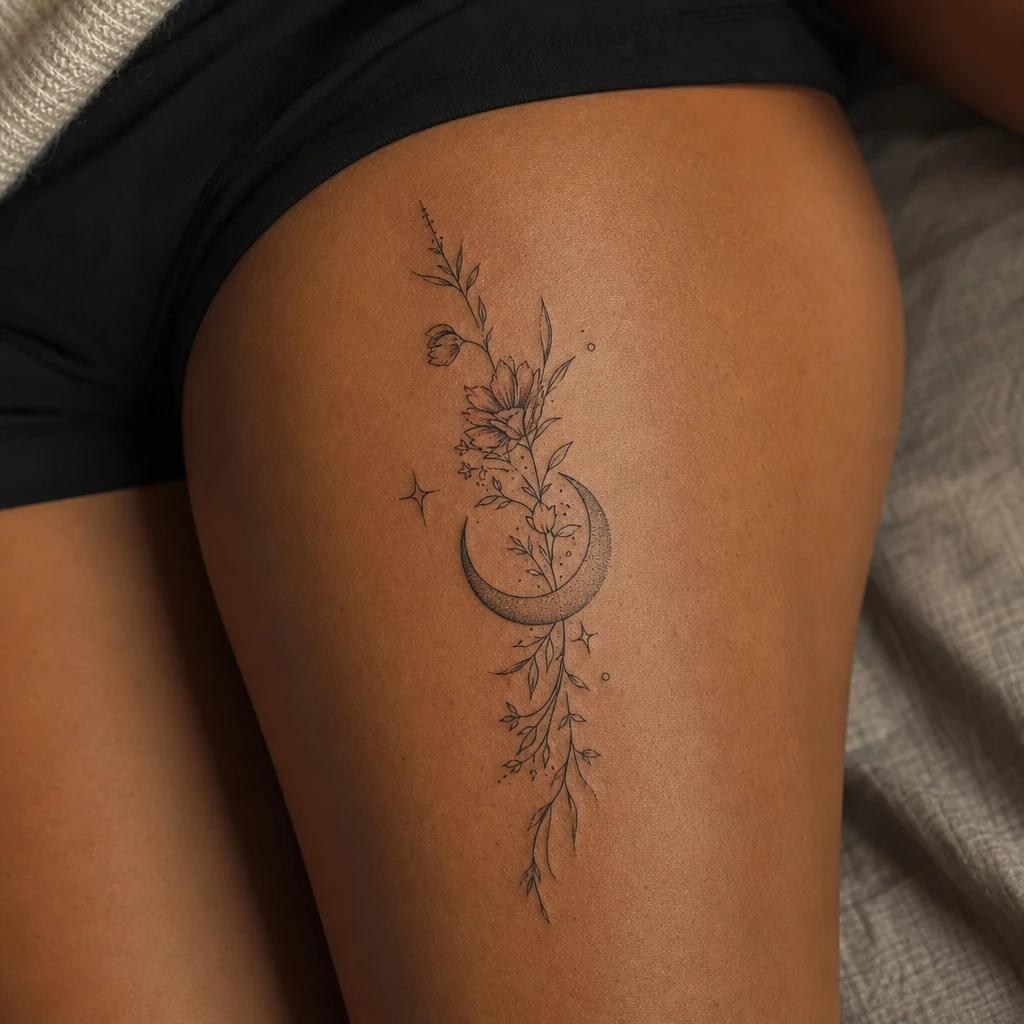 idée tatouage cuisse femme lune et botanique, photo réaliste sur peau