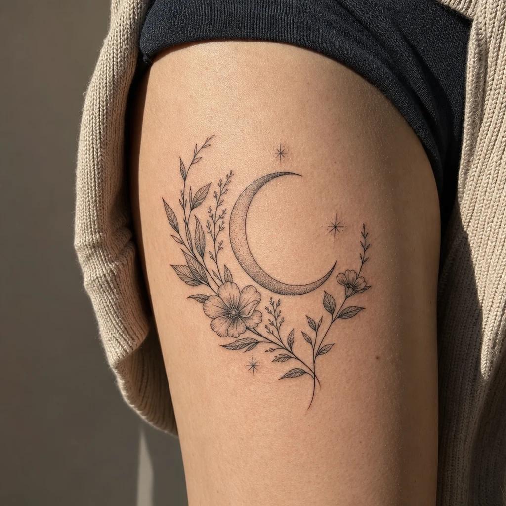 idée tatouage cuisse femme lune et botanique, photo réaliste sur peau