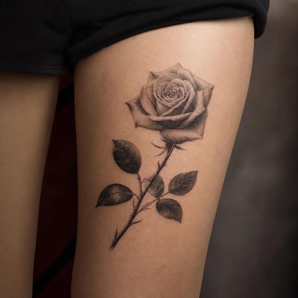 idée tatouage cuisse femme rose réaliste, photo réaliste sur peau