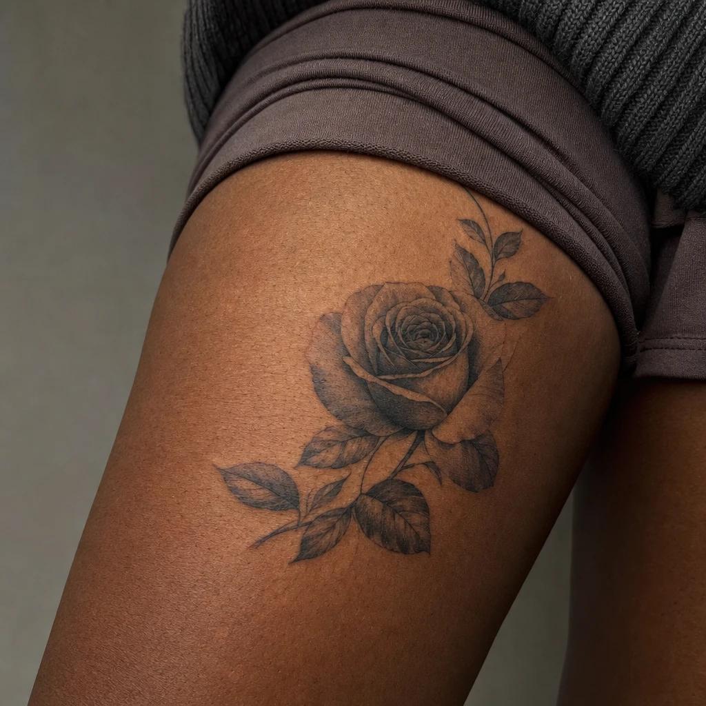 idée tatouage cuisse femme rose réaliste, photo réaliste sur peau