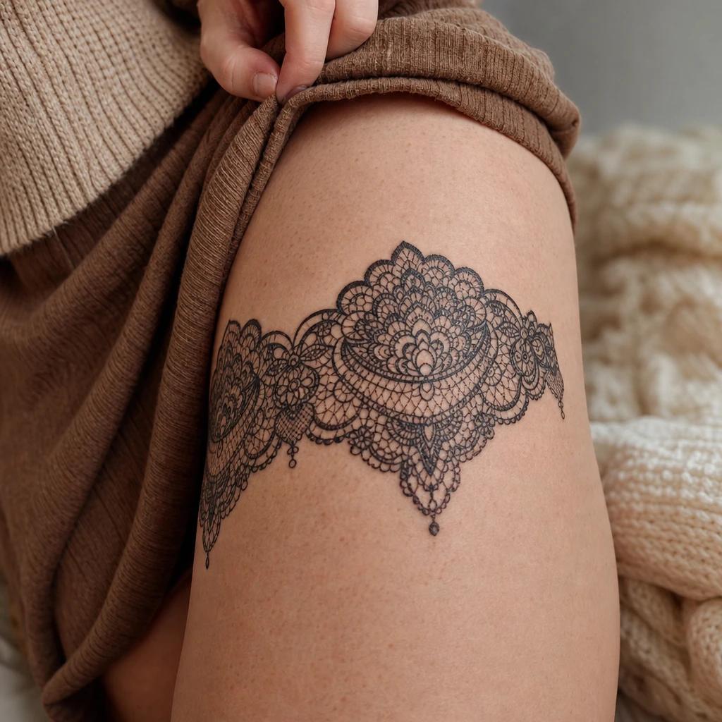 idée tatouage cuisse femme ornemental dentelle, photo réaliste sur peau
