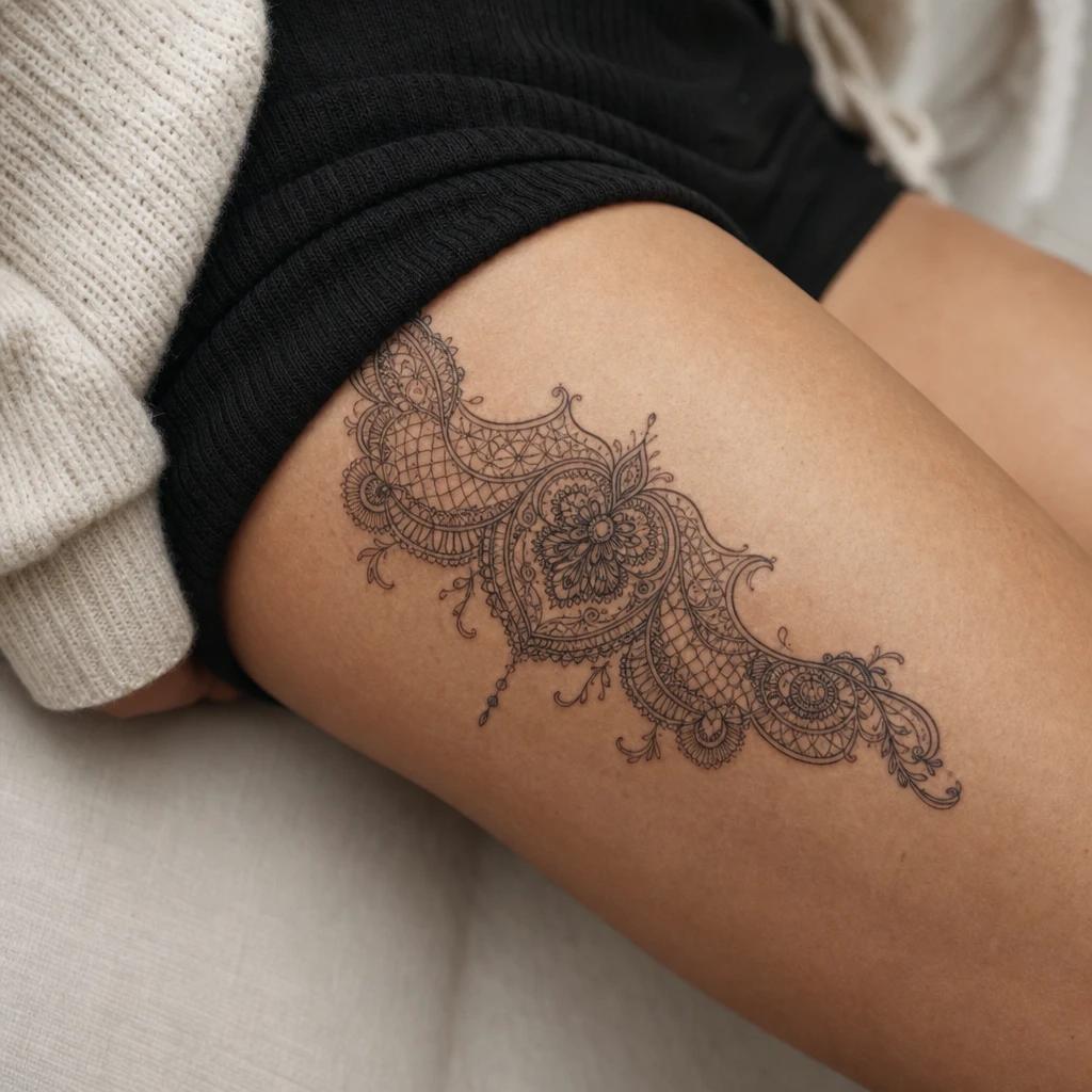 idée tatouage cuisse femme ornemental dentelle, photo réaliste sur peau