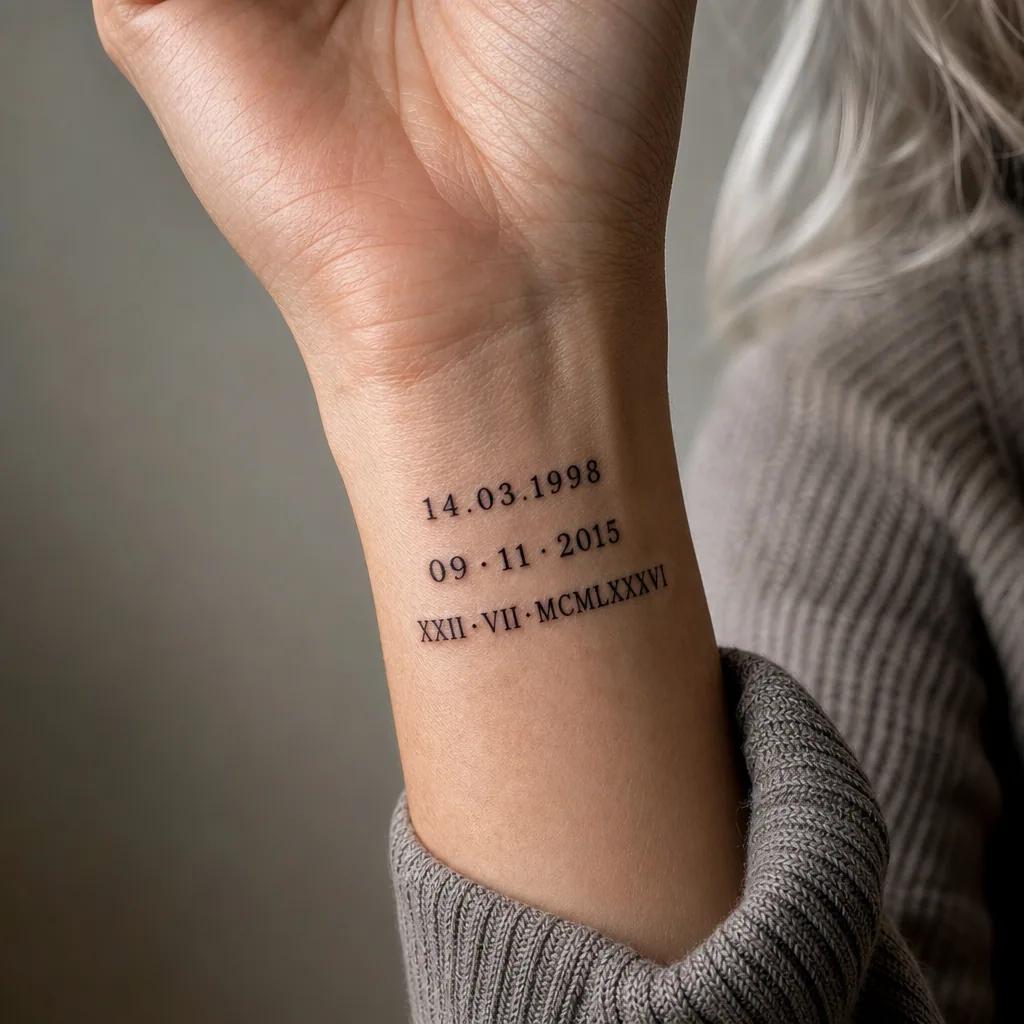 idée tatouage date de naissance patchwork dates flash, photo réaliste sur peau