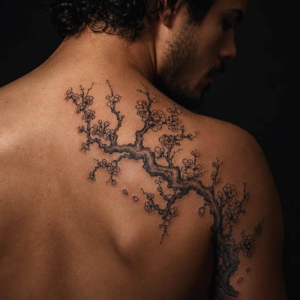 idée tatouage deuil cerisier japonais, photo réaliste sur peau